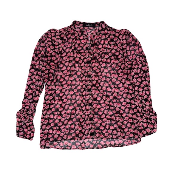 fab'rik Tops - Fab’rik Sheer Long Sleeved Floral Blouse w/Gold Tone Buttons Sz Small Pink Black
